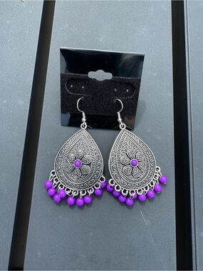 $12 or 3/$30! Silver Teardrop Earrings with Purple Bead Fringe